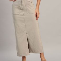 The Roadster Lifestyle Co Pure Cotton Midi Skirt With Front Slit-image-57