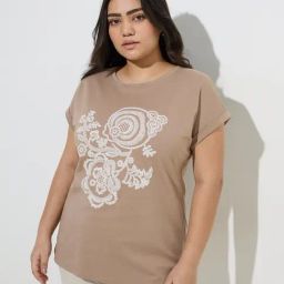 Gia by Westside Beige Floral Embroidered Cotton T-Shirt-picture-32