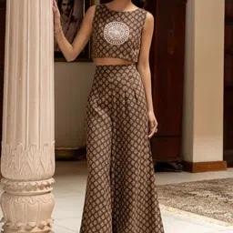 FIORRA Prinred Round Neck Top With Palazzos Co-Ords-image-25