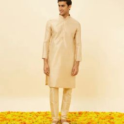 Manyavar Beige & Cream Regular Fit Self Design Kurta & Pyjamas Set-image-100