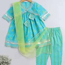The Magic Wand Kids Blue & Green Cotton Printed Kurta Set-image-78