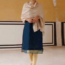 Geroo Jaipur Beige Hand Embroidered Gota Patti-Zardosi Woolen Shawl-image-90