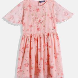 Allen Solly Junior Girls Floral Print Sequined Detail Flared Sleeve Fit & Flare Dress-image-91