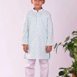 VASTRAMAY Boys Green & White Embroidery Full Sleeves Kurta Sets-image-55