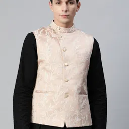 MANQ Men Woven Design Jaquard Silk Nehru Jacket-3