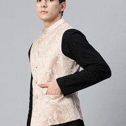 MANQ Men Woven Design Jaquard Silk Nehru Jacket image 4