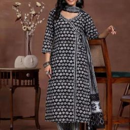 Libas Black Cotton Printed Kurta Pant Set With Dupatta-image-78