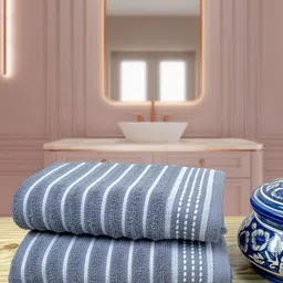 RANGOLI 2-Pcs Grey & White Striped Pure Cotton 515 GSM Hand Towels-image-41