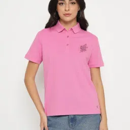 Madame Pink Cotton Regular Fit Embellished Polo T-Shirt-image-16