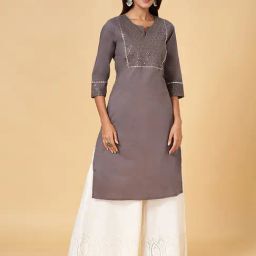 Rangmanch by Pantaloons Charcoal Grey Cotton Embellished Straight Kurta-image-73