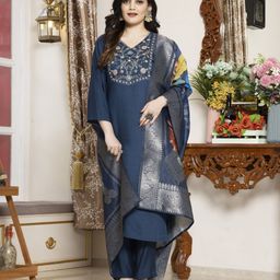Glomee Women Ethnic Motifs Embroidered Regular Mirror Work Raw Silk Kurta with Trousers & With Dupatta-picture-48