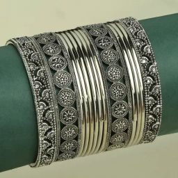 Oomph Oxidized Silver Classic Bangles - Set of 13-4