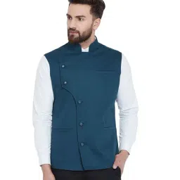 Hypernation Teal Blue Solid Mandarin Collar Cotton Waistcoat-picture-31