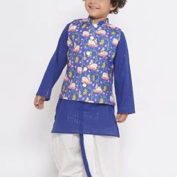 Little Bansi Kids Blue & White Printed Full Sleeves Kurta, Dhoti with Jacket-image-121