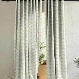 SPACES DRAPE STORY Elegent Grey & Yellow Polyester 9 ft Long Door Curtain - Set of 2-1