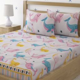 Myntra Elegant Homes Beige & Yellow Cartoon Characters 300 TC Queen Bedsheet with 2 Pillow Covers-image-76