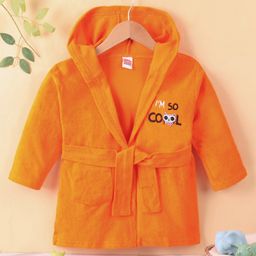 Babyhug Cotton Knit Full Sleeves Hooded Bath Robe Text Embroidery - Orange-image-80