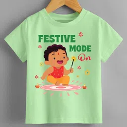 KNITROOT Diwali Theme Half Sleeves Festive Mode On Text & Boy Printed Tee - Green-picture-12