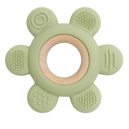 Playbox Wooden Flower Teether in Assorted Colours, Baby Teething Toys Silicone Teethers BPA Free Silicone Rudder with Wooden Ring Soothe Babies Gums-10