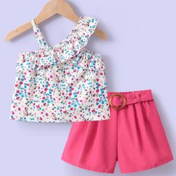 Kookie Kids Sleeveless Floral Printed Top with Solid Colour Shorts - Fuchsia-image-99