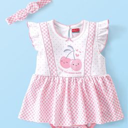 Babyhug 100% Cotton Knit Single Jersey Frill Sleeves Onesie with Cherry Print - White & Pink-image-91