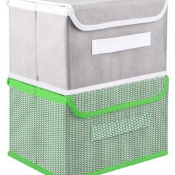 Kuber Industries Drawer Storage Box  Foldable Dhakkan Storage Box  Non-Woven Clothes Organizer For Toys  Storage Box with Handle  Medium  Pack of 2  Green & Gray-5