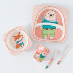 Bamboo Fiber Sectioned Feeding Set with Fox & Bear Print - Peach-14