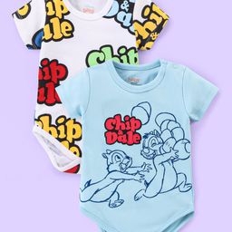 Babyhug Disney Interlock Knit Half Sleeves Onesies With Chip'n Dale Graphics Pack of 2 - White & Sky Blue-image-62
