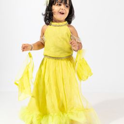 Elaisha Cold Shoulder Floral Embroidered Top  & Ruffled Layered Lehenga With Net Dupatta Set - Lemon Yellow-image-105