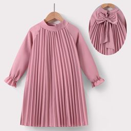 Kookie Kids Full Raglan Sleeves Pleated Party Frock with Bow Detailing - Pink-image-84