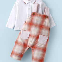 ToffyHouse Interlock Knit Solid Colour T-Shirt & Checkered Dungaree - White-image-43