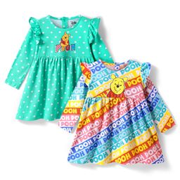 Babyhug Single Jersey Knit Full Sleeves Frocks With Winnie The Pooh Graphics & Frill Detailing Pack of 2 - Sea Green & Blue-image-74