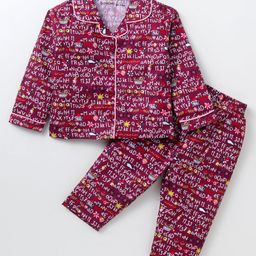 Doreme Cotton Knit Full Sleeves Front Open Text Printed Night Suit - Wine-image-61