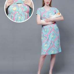 True Shape Half Sleeves Tie Dye Maternity Dress With Zipless Nursing Access - Sea Green-image-81