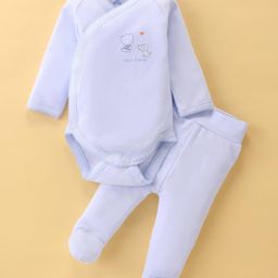 I Bears Interlock Knit Full Sleeves Animal Printed Onesie With Footed Legging - Light Blue-image-3