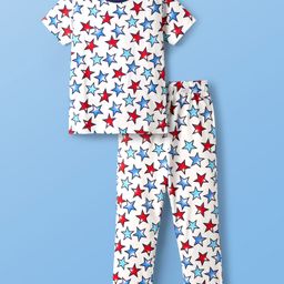 Pine Kids Single Jersey Knit Half Sleeves Co-Ord Night Suit With Star Print - White-image-126