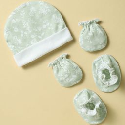 Ben Benny 100% Cotton Knit Cap Mitten & Booties Set With Floral Print Light Green - Diameter 10 cm-10