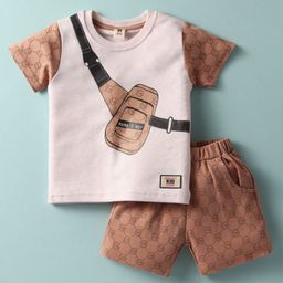 ToffyHouse Knit Half Sleeves T-Shirt & Shorts Set With Sling Bag Print - Off White & Brown-image-50