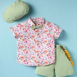 ToffyHouse Poplin Woven Half Sleeves Floral Printed Shirt & Shorts With Bow Suspender & Cap - White & Green-image-9