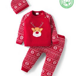 Babyhug Organic Cotton Knit Full Raglan Sleeves Sweater Set with Cap Reindeer Patch & Fair Isle Design - Red-picture-1