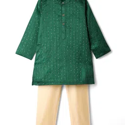 Babyhug Cotton Woven Full Sleeves Kurta Pajama Set with PST Sequenced Embroidered - Dark Green-picture-42