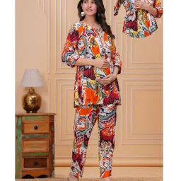 CeleBravo Rayon Woven Three Fourth Sleeves Abstract Printed Maternity Kurti With Side Zipper Nursing Access & Pant Set - Multi Colour-picture-24