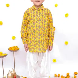 BownBee Boys Floral Printed Shirt Collar Kurta With Salwar-image-68