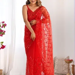 LeeliPeeri Designer Checked Sequinned Net Designer Saree-image-12