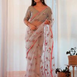 Saree Mall Grey Embellished Saree With Unstitched Blouse-image-35
