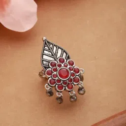 Aatmana Silver-Plated & Red Stone Studded Leaf-Shaped Adjustable Finger Ring-image-9