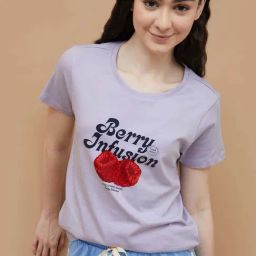 Ginger By Lifestyle Light Purple Cotton Regular Fit Printed T-Shirt-picture-42