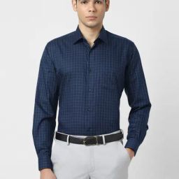 Van Heusen Blue Cotton Regular Fit Checks Shirt-image-97