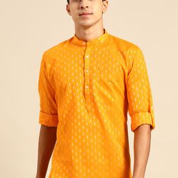 RAJUBHAI HARGOVINDAS Men Yellow Ethnic Motifs Dobby Kurta-picture-24