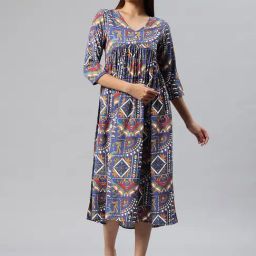 Cottinfab Blue Printed A Line Dress-image-7